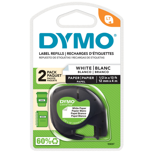 DYMO LETRATAG PAPER LABEL 2 PACK WHITE W BLACK PRINTING, 1/2 X 13- MUST ORDERED