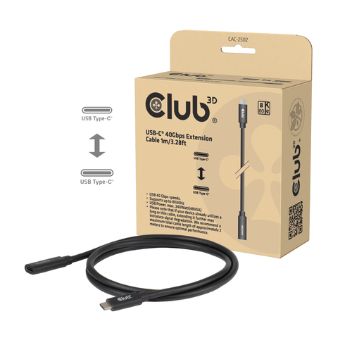 CLUB3D CAC-2502 USB-C kabel 1 m - USB-C han til USB-C hun, sort