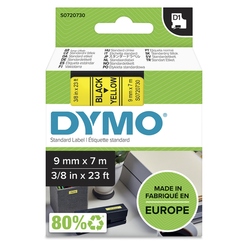 Dymo D1 Tape for Labelmakers 9mmx7m Black on Yellow - 40918 S0720730 - image 1