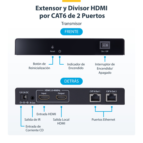 StarTech.com Extensor Divisor de 2 Puertos HDMI 4K 60Hz por Cable CAT6 Ethernet - Juego de Distribución 1x2 HDMI con IR y Power over Cable - Hasta 70m