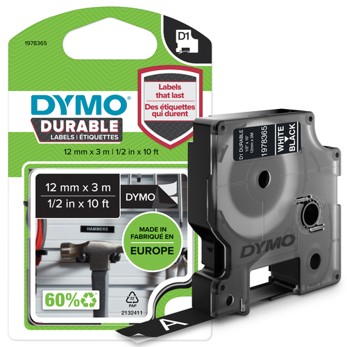 DYMO LABELMANAGER D1 DURABLE 1/2X10 (12MMX3M) WHT/BLK, SCRATCH AND TEAR RESISTAN