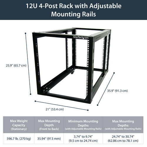 StarTech.com 12U 4 Post Server Equipment Open Frame Rack Cabinet w/ Adjustable Posts & Casters – image 5