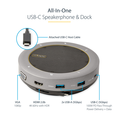 StarTech.com USB-C Speakerphone Docking Station, Mini Portable Conference Speaker and Audio Dock, USB-C to VGA/4K HDMI, 2x USB-A Hub, Mic/Speaker, Teams/Zoom/So – image 9