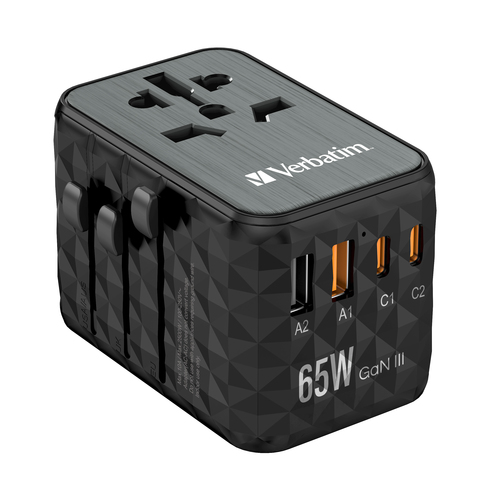 Adaptador Verbatim de viaje universal UTA-05 GaN con 2 x USB-C PD 65W y QC 4 / 2 x USB-A  32120 - 32120