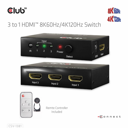 Club 3D 3 - 1 HDMI Switch 8K 60Hz / 4K 120Hz, afbeelding 9