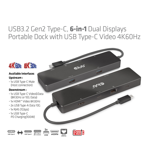 Club 3D USB-C 3.2 Gen2 6-in-1 Dual displays Portable dock dockingstation, afbeelding 9