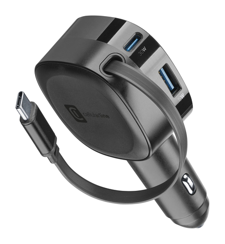 Cellularline Retractable Car Charger Гарнитура, Универсальная Черный Прикуриватель Быстрая зарядка Авто