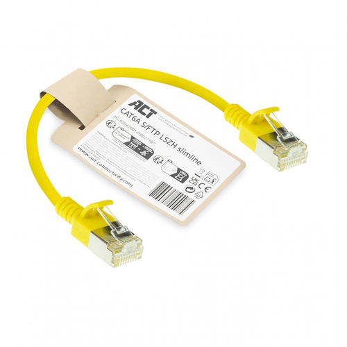 ACT Gele 0.15 meter LSZH S/FTP CAT6A slimline patchkabel snagless met RJ45 connectoren, afbeelding 2