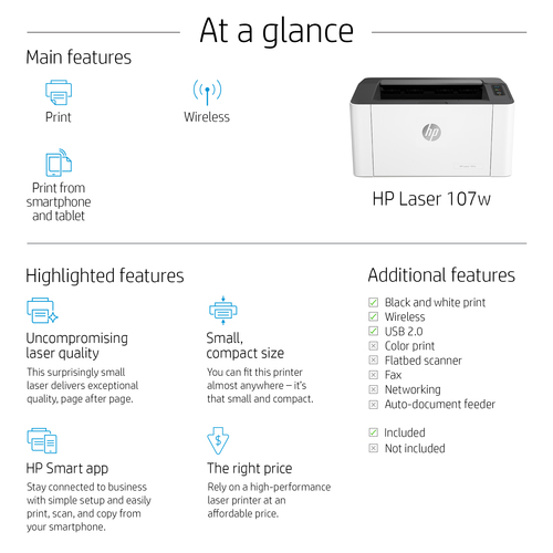 Datos del producto HP Laser 107w 1200 x 1200 DPI A4 Wifi Impresoras láser  (4ZB78A)