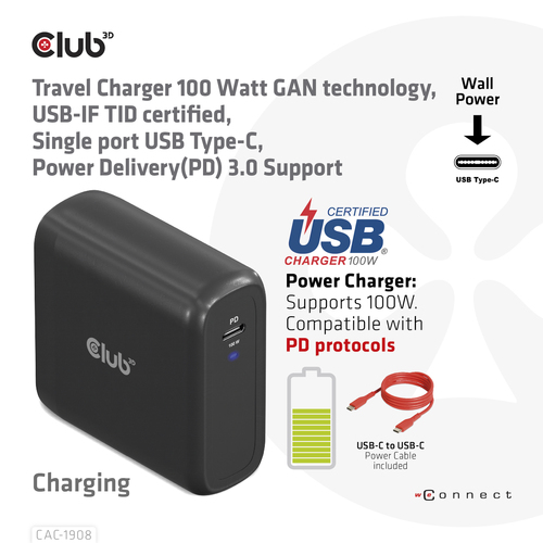Club3D CAC-1908EU GAN Travel Adapter 100Watt USB-C PD Sort – billede 4