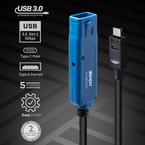 LINDY 5m USB 3.2 Gen 1 C/A Aktivverlängerung Pro, afbeelding 2