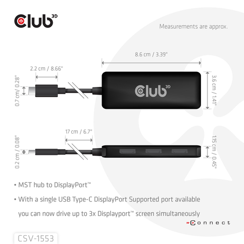 Club 3D USB-C naar Triple DisplayPort MST Hub, afbeelding 4