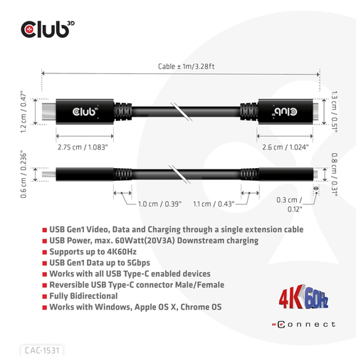 Club 3D USB-C Gen 1 verlengkabel, afbeelding 4