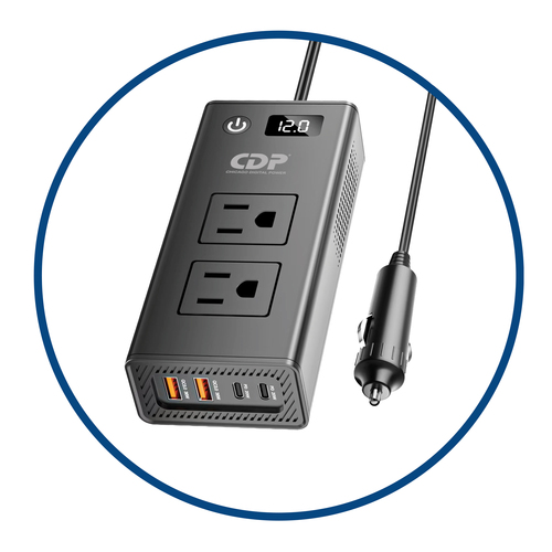 CDP XVU212 Inversor Automotriz 2OOW, 2 salidas nema 5-15R I2OVAC. 1 TYPE C PD Output (5Vdc @-12Vdc), 1 QC3.0 (5Vdc-12Vdc), 2 USB 3.4A