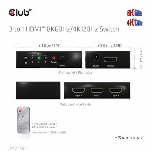Club 3D 3 - 1 HDMI Switch 8K 60Hz / 4K 120Hz, afbeelding 10
