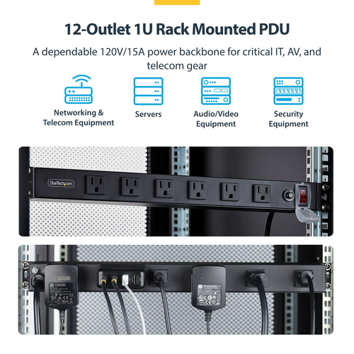 StarTech.com 12-Outlet Rackmount PDU, 1U Server Power Strip with Wide-Spaced Right-Angle Ports, Mounted Power Distribution Unit for 19-Inch Racks and Cabinets – image 8