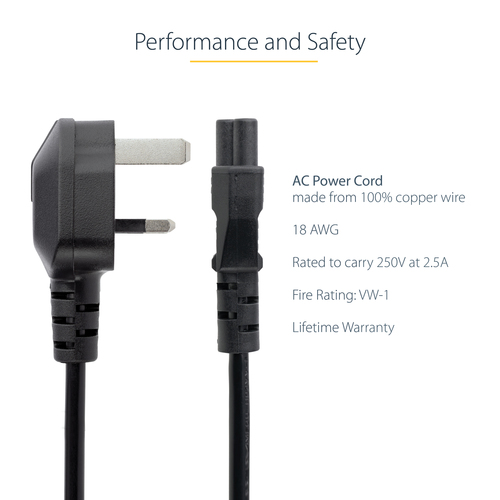 StarTech.com 3ft (1m) UK Laptop Power Cable, BS 1363 to C5 Clover Leaf, 2.5A 250V, 18AWG, Notebook/Laptop Replacement Cord, Printer Cable, UK Laptop Charger Cord, BS 1363 to IEC60320 C5 - Power Brick Cord Strømkabel 1m Sort – billede 7