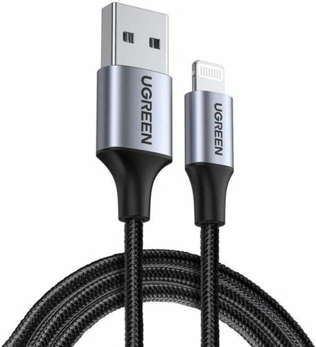 Cable USB-A a Lightning 1 Metro Certificado MFi Carga Rápida 5V/2.4 A 480 Mbps Conector C94 Adecuado para iPhone iPad y iPod Protección Integrada Caja de Aluminio Nylon Trenzado Color Negro. 60156 - Ugreen