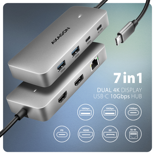 Axagon HUB USB HMC-CUB83X2, USB 10Gbps hub, 2x USB-A, USB-C, HDMI & DP 4k/144Hz, RJ-45 GLAN, PD 100W, kabel USB-C 15cm – image 2