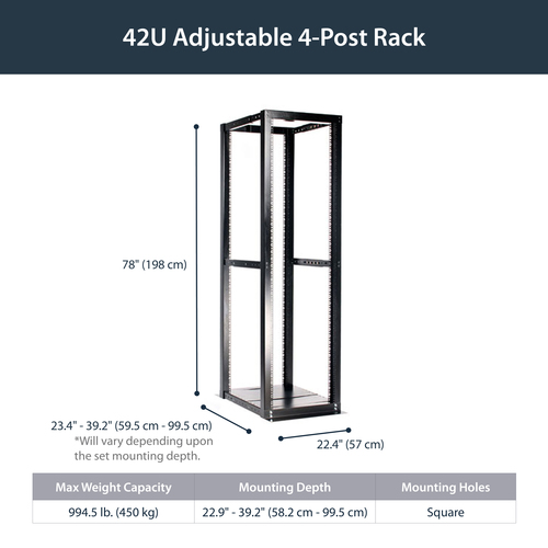 StarTech.com 42U Adjustable 4 Post Open Server Equipment Rack Cabinet – image 8