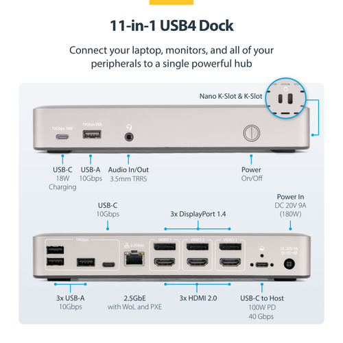 StarTech.com Triple-Monitor USB4 Docking Station, 4K 60Hz HDMI or DisplayPort, 100W Laptop Charging, 2.5GbE, USB-C Multi-Monitor Dock, Driverless USB4 / Thunderbolt 4 Dockingstation – billede 7