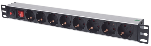 Intellinet 19 1U Rackmount 8-Way Power Strip - German Type, With On/Off and Overload Protection, 3m Power Cord (Euro 2-pin plug) Stikdåse 8-stik 16A Sort 3m