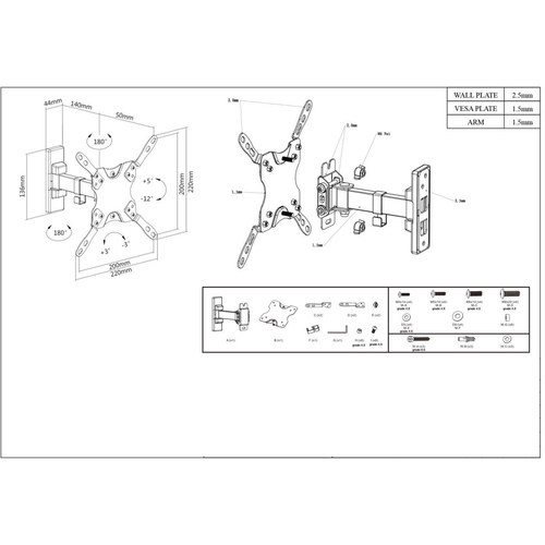 Manhattan Soporte de pared para TV/monitores (Inclinación y Giro 2 pivotes), pantallas 13"–42", Compatibilidad VESA: de 75x75 a 200x200 mm (verifique las dimensiones de los cuatro orificios de montaje traseros), carga máxima 20 kg imagen 7