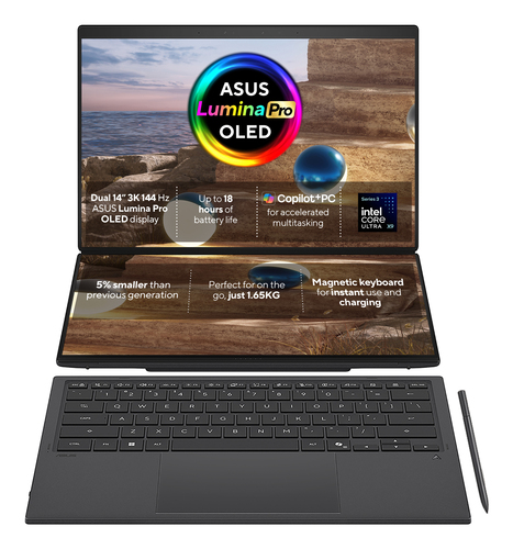 ASUS Zenbook Duo UX8407AA-SN586W Intel Core Ultra X9 378H Гибрид (2-в-1) 35,6 cm (14") Сенсорный экран 3K 32 GB LPDDR5x-SDRAM 1 TB Твердотельный накопитель (SSD) Wi-Fi 7 (802.11be) Windows 11 Home Серый