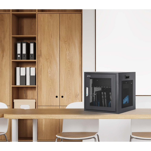 Manhattan Laadkast voor 10 laptops (tot 16"), laden via interne AC-adapters (EU) (installatie van voedingskabels van apparaten vereist), geschikt voor ALLE laptops, iPad, MacBook en Chromebook, vakken 380×30×280 mm, laadtrolley, afsluitbaar