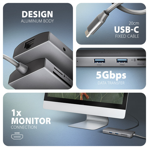 AXAGON SuperSpeed USB-C Hub USB-Hubs - USB 32 - 9 - Grau – Foto 5 von 10