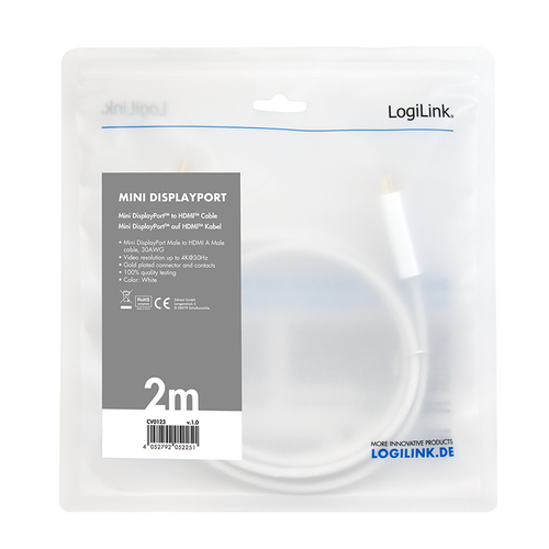 LogiLink CV0123 DisplayPort kabel 2 m Mini DisplayPort HDMI Wit, afbeelding 3