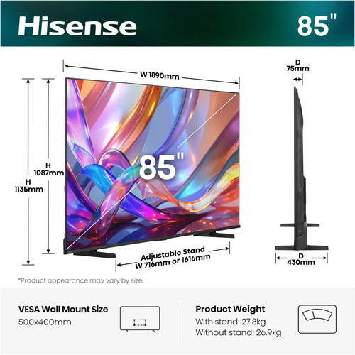 Hisense E7S 85-Zoll 4K UHD QLED Smart-TV HomeOS 9.5 Dolby Vision IQ HDR Adaptive Black – Foto 2 von 10