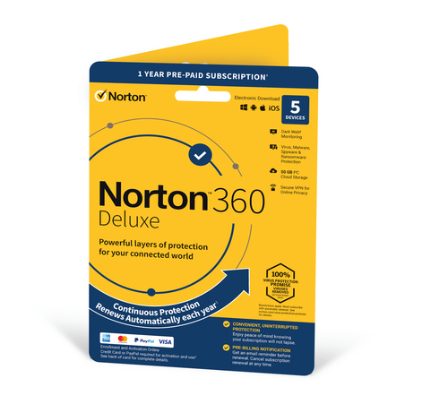 NortonLifeLock Norton 360 Deluxe | 5 Devices | 1 Year Subscription with Automatic Renewal | Includes Secure VPN and Passwo