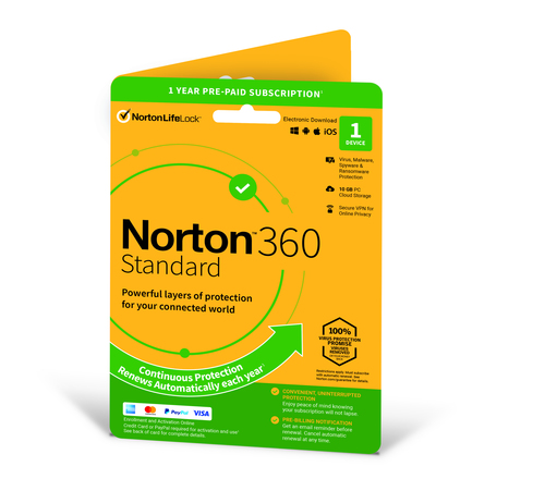 NortonLifeLock Norton 360 Standard | 1 Device | 1 Year Subscription with Automatic Renewal | Includes Secure VPN and Passw