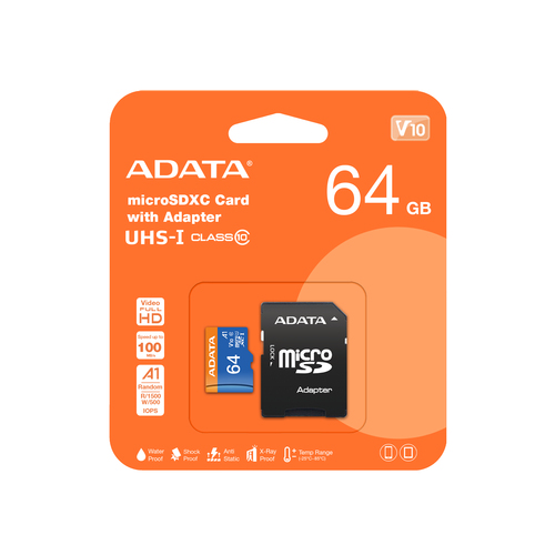 AUSDX64GUICL10A1-RA1 Micro SD ADATA PREMIER A1 V10 Micro SD ADATA AUSDX64GUICL10A1-RA1 64 GB 100 MB/s 25 MB/s Negro Clase 10