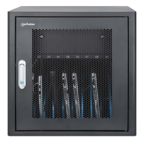 Manhattan Laadkast voor 10 laptops (tot 16"), laden via interne AC-adapters (EU) (installatie van voedingskabels van apparaten vereist), geschikt voor ALLE laptops, iPad, MacBook en Chromebook, vakken 380×30×280 mm, laadtrolley, afsluitbaar