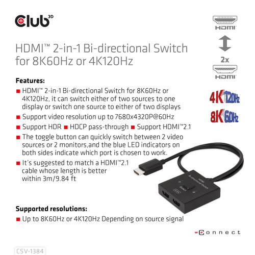 Club 3D HDMI switch 2-in-1 bi-directional for 8K60Hz or 4K120Hz, afbeelding 10