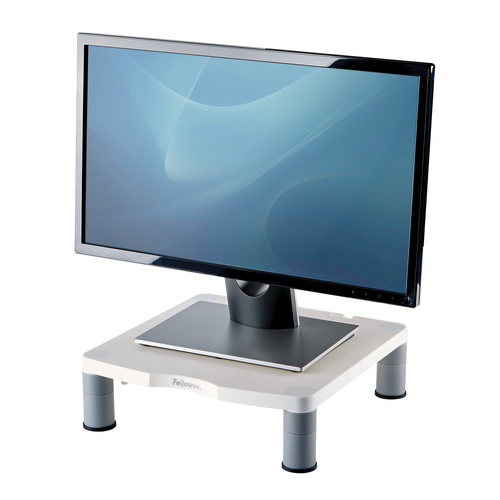INNOVATIVE STACKING COLUMNS RAISE MONITOR TO COMFORTABLE VIEWING HEIGHT. SUPPORT