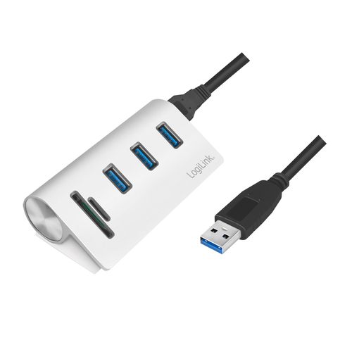 LogiLink USB HUB 3.0, 3-Port, met kaartnleser, ALU, zilver