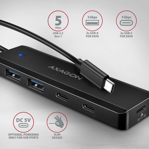 Axagon HUE-C2C 4× USB 5Gbps Hub, 2× USB-A & 2× USB-C, USB-C Power IN – image 2