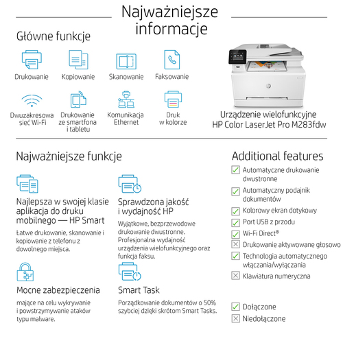 Drukarka wielofunkcyjna laserowa HP LaserJet Pro M283fdw | WI-FI Dupleks Color USB LAN