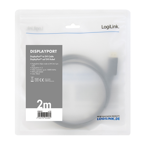 LogiLink DisplayPort-Kabel DP 1.2 zu DVI 1.2 1,0m zwart, afbeelding 3