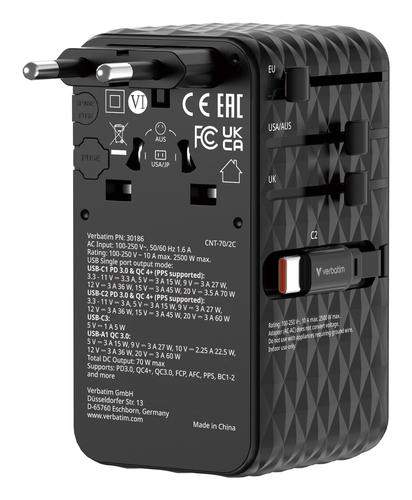 Verbatim Charge 'n' Travel 70W 2C retractable Universal Travel Adapter Black