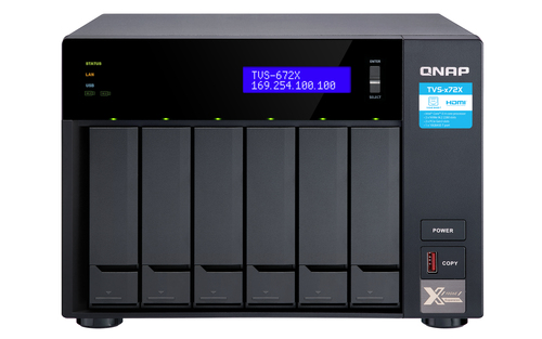 TVS-672X-I3-8G-US NAS QNAP TVS-672X-I3-8G/6 BAHIAS INTEL CORE I3 NUCLEO CUADRUPLE, 8 GB RAM DDR4 SODIMM, HASTA 64 GB/ 2 PTO LAN GBE/ 1 PTO 10 GBE/ USB 3.2X1/ HOTSWAP/SATA/HASTA 120 TB/ NO INCLUYE DISCOS/ HDMI 2.0/