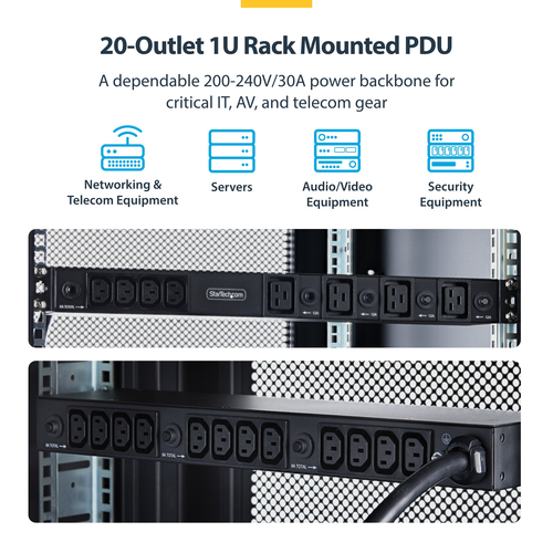 StarTech.com 20-Outlet Rackmount PDU, 1U Server Power Strip, 16x C13 + 4x C19, 8x Front and 12x Rear Outlets, NEMA L6-30P Wall Connection, 30A/240V, UL-Listed, – image 8