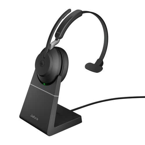 26599-899-989 Jabra Evolve2 65 MS Mono - Auricular - en oreja - convertible - Bluetooth - inalámbrico - USB-A - aislamiento de ruido - negro - con base de carga - Certificado para Equipos de Microsoft