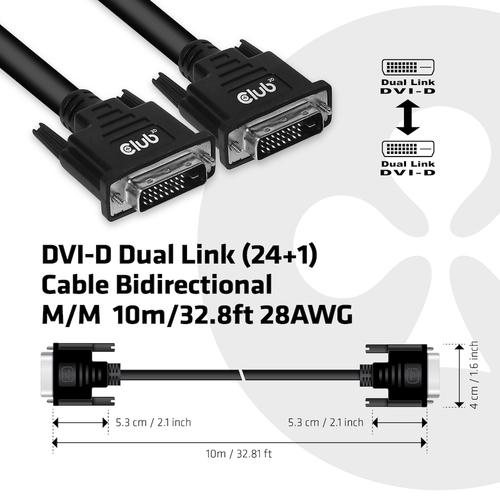 CLUB3D DVI-D DUAL LINK (24+1) CABLE BI DIRECTIONAL M/M 10m 32.8 ft 28AWG Zwart, afbeelding 4