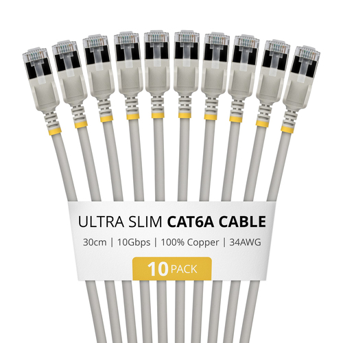 Startech.COM 30CM Gray Ultra Slim CAT6A 10 Pack, Lifetime