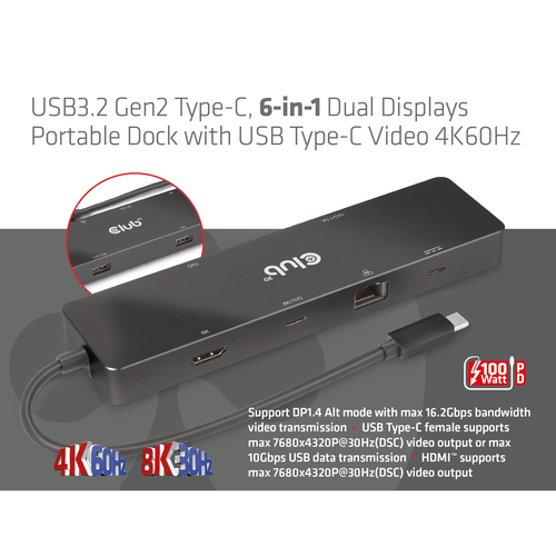 Club 3D USB-C 3.2 Gen2 6-in-1 Dual displays Portable dock dockingstation, afbeelding 8