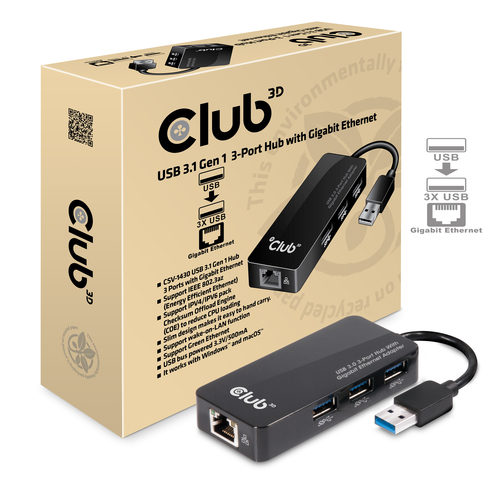 CLUB3D USB 3.0 Hub 3-Port with Gigabit Ethernet – image 2